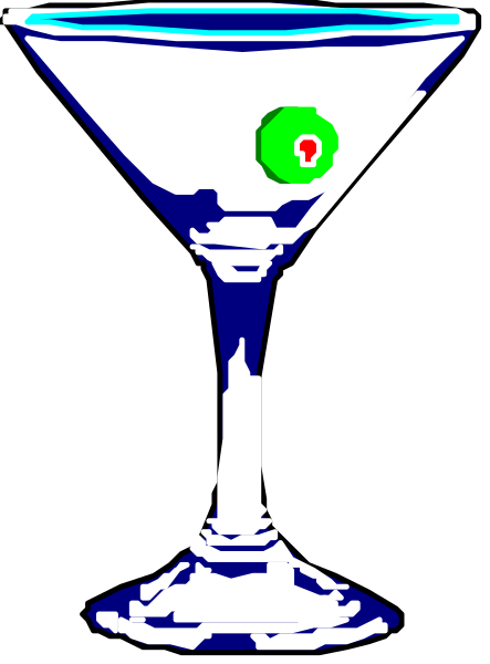 The image shows a martini glass with an olive on top against a black background.