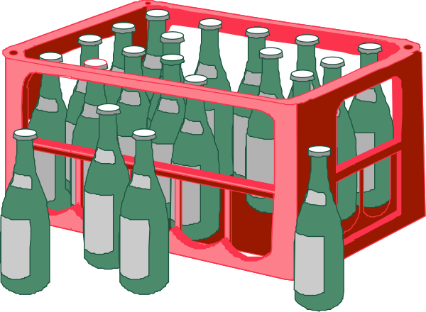 The image shows a red crate filled with green glass bottles of beer on top of another identical crate.