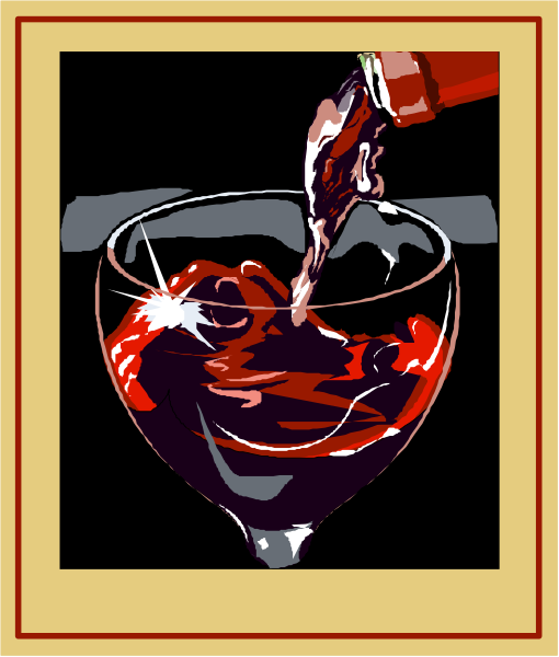 The picture shows a glass of red wine with liquid being poured into it from an unseen source above frame level.