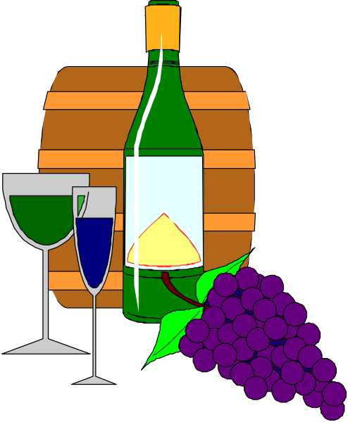 The image shows a cartoon depiction of wine bottles with labels "Wine" on them next to glasses filled with white liquid labeled as "wine," grapes in bunches near each other at bottom left, and two champagne flutes above the bottle; all set against an orange brick wall.