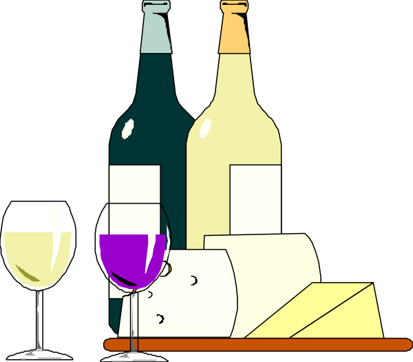 The cartoon depicts a table with various bottles of wine, cheese wedges on plates, glasses filled with red liquid that could be either beer or soda, two slices of pizza in boxes, and an assortment of other food items such as sandwiches and cakes; the setting appears to suggest a casual gathering.