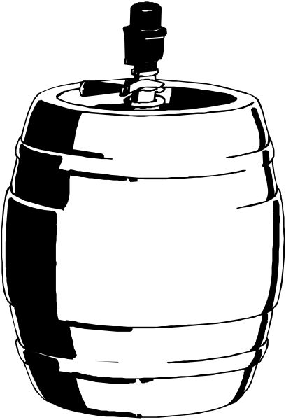 The black and white illustration shows a keg of beer with text on it that reads "Keg".