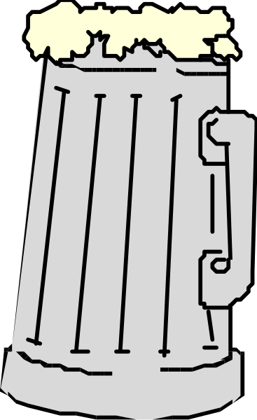 The image shows a cartoon of an empty beer mug with handles on either side against a plain background.