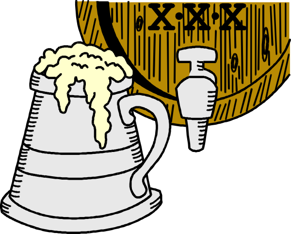 The black and white illustration shows a bar scene with two mugs of beer on top of wooden barrels next to each other; there is also an open tap handle in front of one of them indicating that it's ready for pouring, suggesting this could be at a pub or brewery.