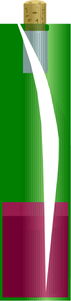The image shows a tall bottle with pink liquid at its base, which appears to be leaking out of it onto what looks like an ice cream cone below; there is also some green substance on top that resembles grass and two white lines emanating from either end of the container towards each other.