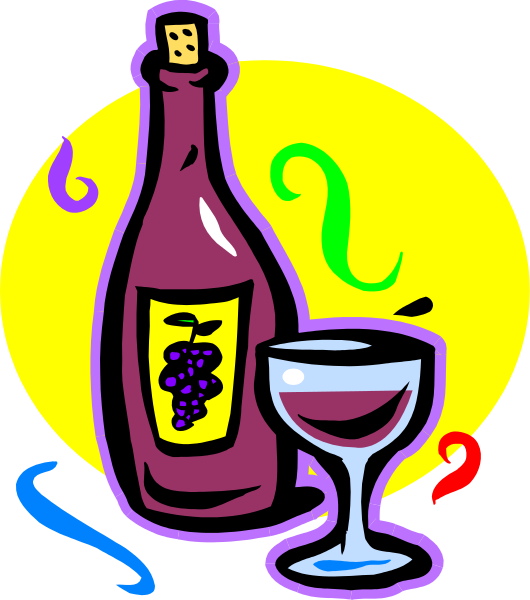 The illustration shows a bottle of wine with an empty glass next to it on what appears to be a tabletop background featuring confetti in various shapes like stars and hearts around them.