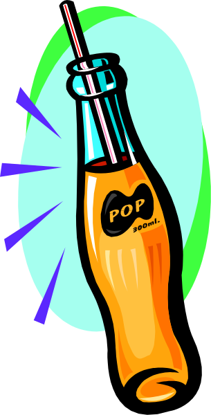 The image shows a cartoon depiction of an orange soda bottle with a straw sticking out from it, placed against a blue background that has two green arrows pointing towards each other on either side.