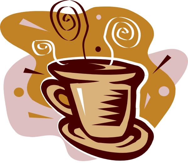 The image shows a cartoon of two coffee cups with swirls around them on either side, suggesting steam rising from hot beverages; in between is an illustration of a cupcake topped by what appears to be whipped cream and sprinkles.