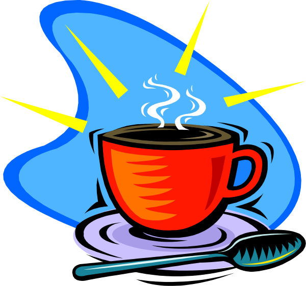 The image shows a cartoon of an illustrated coffee cup with steam rising from it on top of what appears to be a blue mug icon against a white background; below this is another illustration depicting a red coffee cup sitting atop a saucer, accompanied by two yellow lightning bolts and three rays emanating upward. To the right side of these elements are four icons: one showing an electric toothbrush with blue bristles on top left corner; second icon is that of a white brush next to it in bottom center area; third icon shows a red coffee