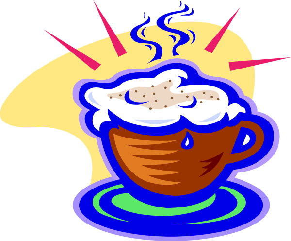 The image shows a cartoon of an animated coffee cup with steam rising from it on top of water droplets that represent liquid spillage around its base; there is also a sunburst effect behind, suggesting warmth and energy emanating from the scene.