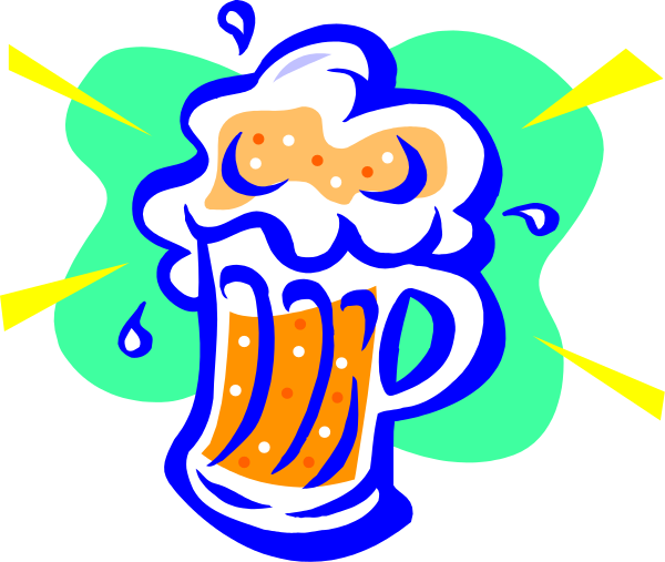 The image shows a cartoon depiction of an animated beer mug with foam overflowing from it, set against a green background that resembles grass.