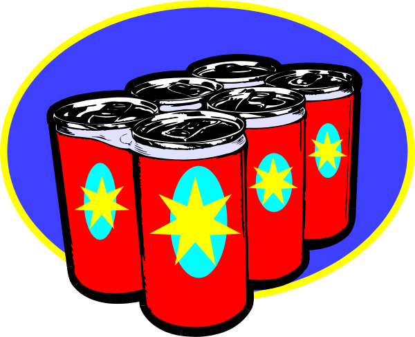 The image shows a collection of four cans with red labels featuring stars on them placed next to each other against a blue background; above these cans is an oval-shaped emblem containing three white lines radiating from its center, and below it there's another can that has the word "Soda" written in yellow.