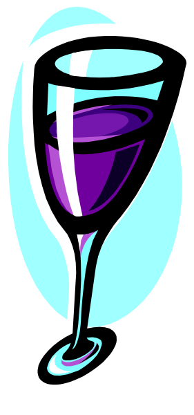 The image shows a purple wine glass with blue liquid inside it on top of what appears to be an ice bucket.