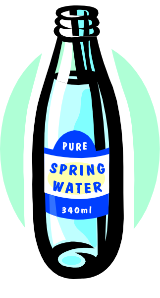 The image shows a cartoon bottle of spring water with text that reads "Pure Spring Water" on it against a white background.