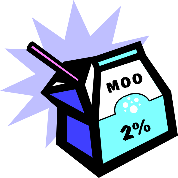 The image shows a cartoon depiction of two milk containers with labels "MOO" on them next to each other against a white background; one container has an additional label indicating it is 2% fat, and there's also a small graphic element resembling smoke or steam above the second container. There are no people, animals, actions, or settings depicted in this image as described by your prompt. The focus of the clip-art appears to be on these two milk containers with their respective labels indicating percentages of fat content and an additional visual cue suggesting freshness through a