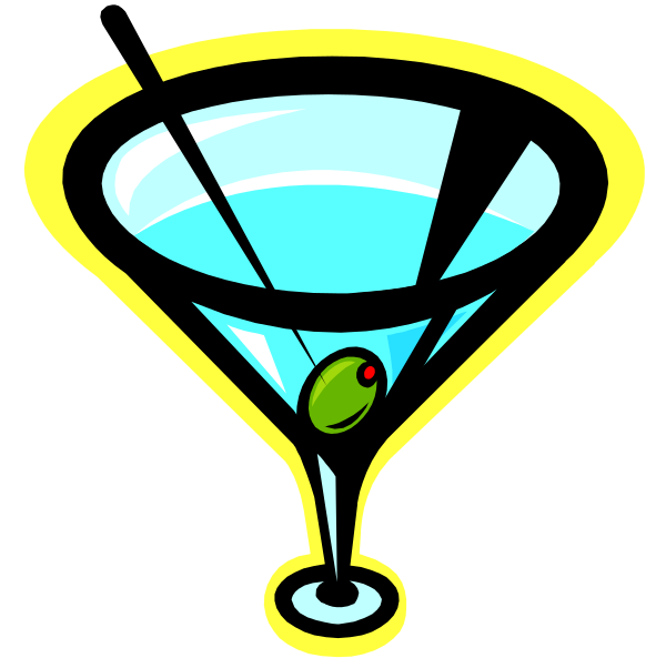 The image shows a cartoon depiction of two martini glasses with olives inside them on top of what appears to be an ice bucket; one glass is filled while the other has some liquid in it but no olive, and there's text above that reads "Cocktail Martini."