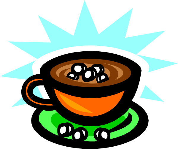 The image shows a cartoon of an orange coffee cup with white foam on top filled to about half capacity, sitting atop what appears to be a green saucer adorned with small brown dots that could represent chocolate chips or some other type of decoration. Above and around the mug are various shapes in shades of blue, yellow, red, and black forming an abstract explosion-like pattern which suggests excitement or celebration. The background is dark gray to black, providing a stark contrast for visibility purposes.