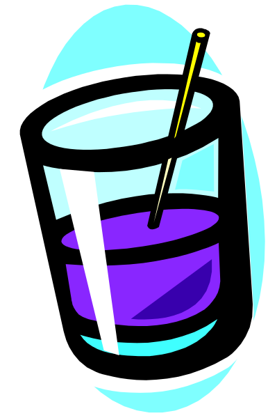 The image shows a cartoon glass of purple liquid with an ice cube on top placed against a white background.