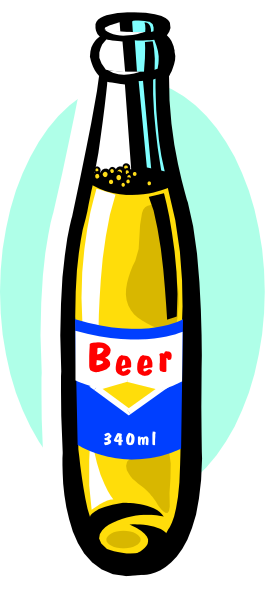 The image shows a cartoon bottle of beer with an exaggeratedly large label that reads "BEER" on it, placed next to another smaller bottle labeled as 20ml (likely indicating volume). There is also text above and below this larger bottle reading "18% alcohol by vol." This suggests the strength or proof level. The background appears plain white with a blue border framing the image of beer bottles. No other objects, people, animals, actions, or setting are visible in this small clip-art illustration.