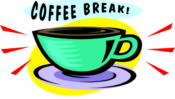 The image shows a cartoon of an animated coffee cup with steam rising from it on top of a saucer that says "coffee break" in bold letters above two crossed-out red lines forming an 'X'.