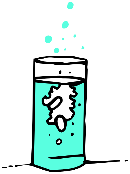 The image shows a cartoon of an empty glass with bubbles rising to its top on what appears to be water; there is no liquid in it except for one bubble that looks like soap foam at the bottom, and two drops falling from above into this single bubble.