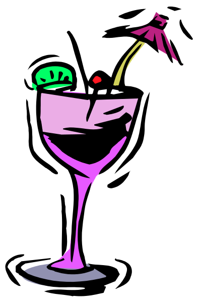 The image shows a colorful cocktail with an umbrella on top of it inside what appears to be a glass cup placed in front of another drink that is also garnished like a tropical cocktail, all set against a dark background.