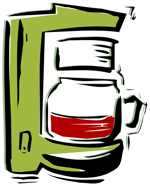 The image shows a black coffee mug with red liquid inside it on top of what appears to be an espresso machine in front of which there is a green sign that says "Coffee."
