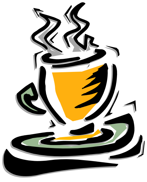 The black and white illustration shows a cup of coffee with steam rising from it on top of saucer placed next to an orange mug that has two handles; both cups sit atop what appears to be a table, suggesting this is set up for someone who wants some tea or coffee while they work.