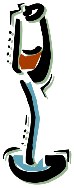 The image shows a black and white illustration of an animated character with blue hair holding what appears to be a microphone in one hand while standing on top of another figure that resembles a platform or stage, set against a dark background.