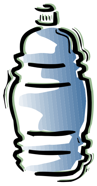The image shows a plastic bottle with water inside it against a dark background.