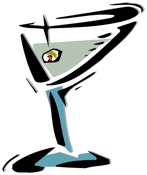 The black and white illustration shows a martini glass with an olive inside it on top of what appears to be a bar countertop against a dark background.
