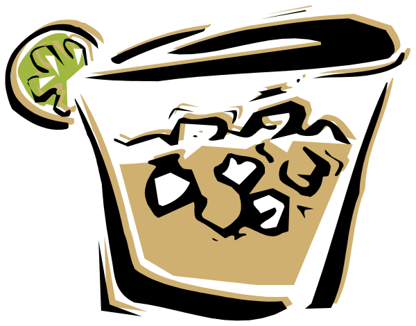 The black and white illustration shows a cocktail shaker filled with ice cubes on top of which rests an orange slice garnish; it is placed in front of what appears to be a glass containing several pieces of fruit, possibly indicating that this might represent a mixed drink or the ingredients for one.