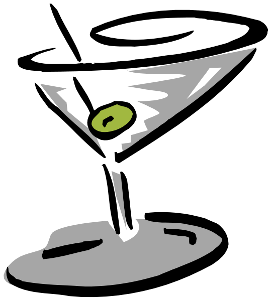 The black and white illustration features a martini glass with an olive on top placed next to what appears to be a cocktail shaker in front of it.