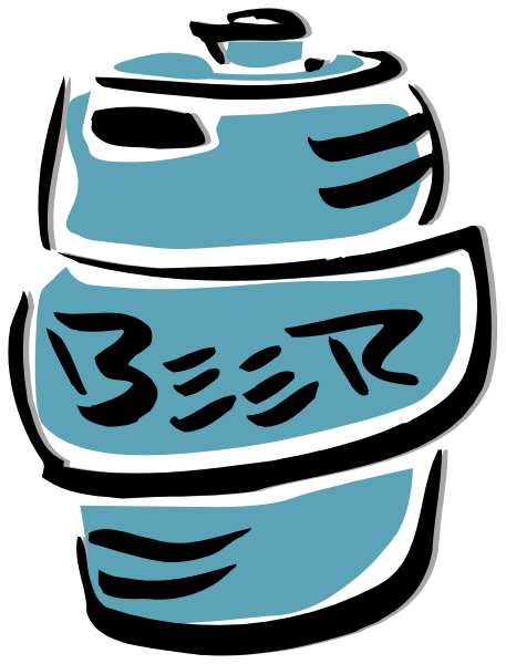 The image shows a blue can with "beer" written on it placed next to an open cooler lid that has black lettering reading 'BEER'.