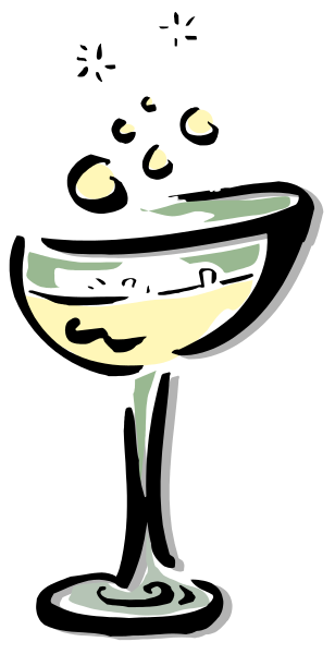 The image shows a cartoon of a wine glass with liquid inside it on top of what appears to be water droplets, suggesting bubbles in champagne; there is no text present within this small clip-art illustration.