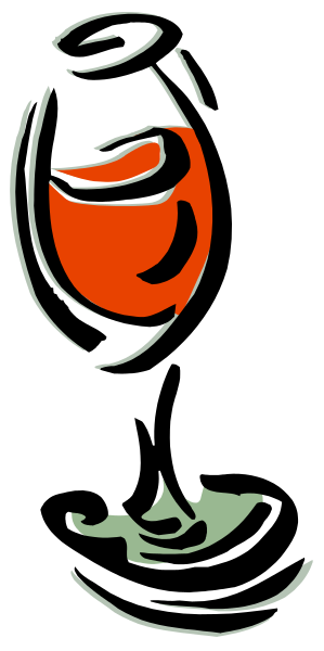 The black and white illustration shows a wine glass with red liquid inside it on top of what appears to be an open book lying flat against a dark background.