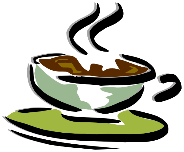 The black and white illustration shows a cup of coffee with steam rising from it on top of what appears to be an open book page that is being used as a coaster for the mug.