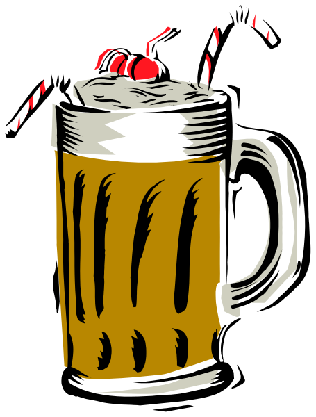 The illustration shows a cartoon of a frothy beer mug with cherries on top placed against a black background.