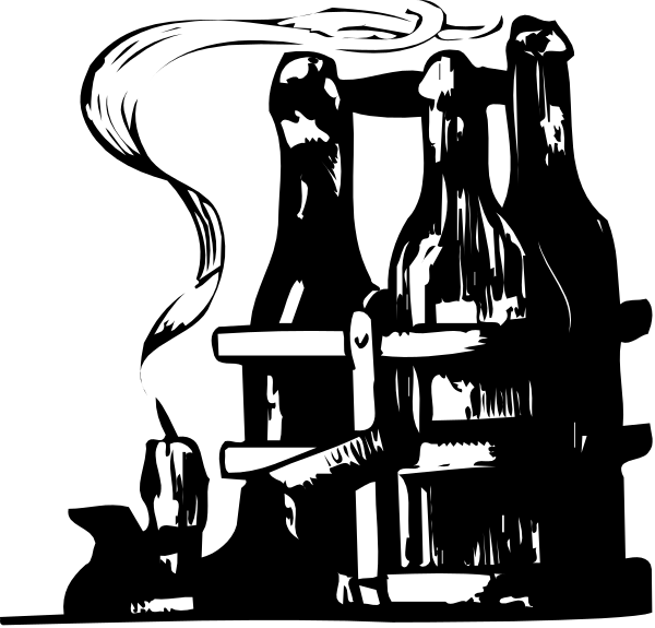 The black and white illustration shows a collection of wine bottles on shelves with various shapes and sizes, suggesting an assortment for sale in a storefront window display.