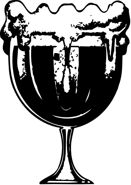 The black and white illustration shows a wine glass with ice cream dripping from it onto an empty plate below on what appears to be a tablecloth patterned in shades of gray and brown.