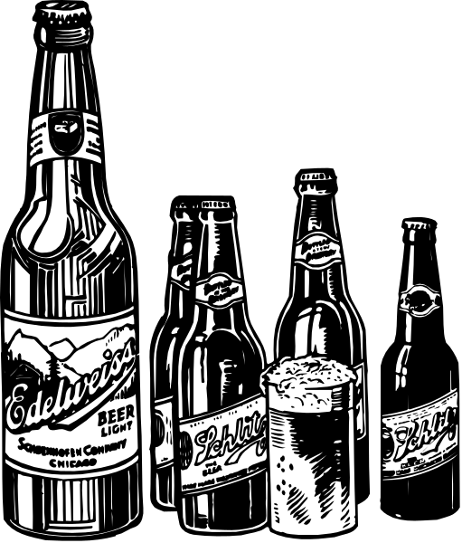 The black and white illustration shows a collection of beer bottles with labels such as "Edwards" and "Budweiser," along with cans labeled like "Samuel Adams."
