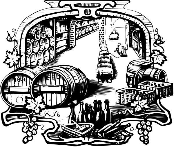 The black and white illustration depicts a wine cellar with barrels of wine on shelves inside an arched doorway; outside is a winery scene featuring multiple casks in front of buildings under what appears to be a moonlit sky, surrounded by grapevines and trees.