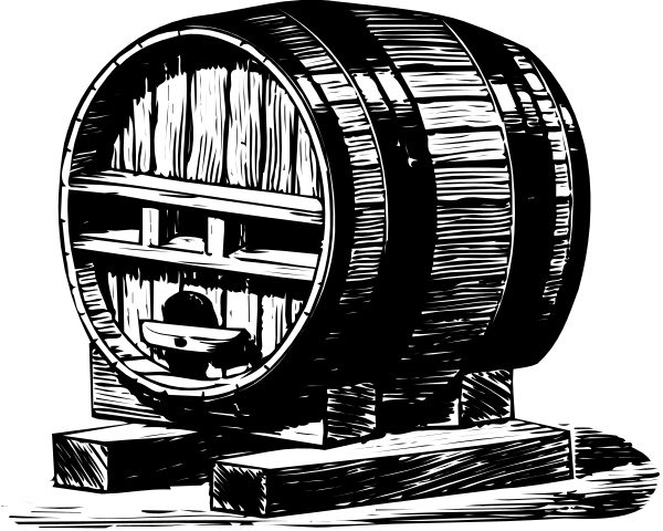 The black and white illustration shows a wooden barrel with metal bands on top of it placed next to an open cask in what appears to be a cellar-like environment.