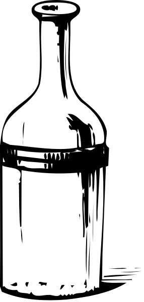 The black and white photo shows a bottle of alcohol with its cap off against an abstract background that transitions from dark to light shades in both directions.