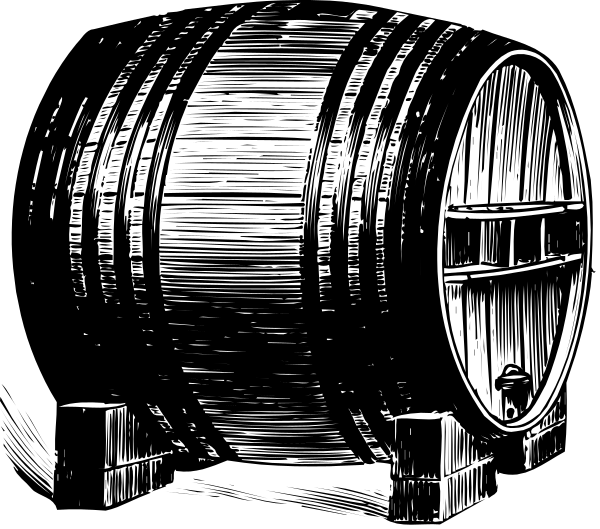 The black and white illustration shows a wooden barrel with metal bands on top of it placed inside another larger wood container that has an open door at one end.