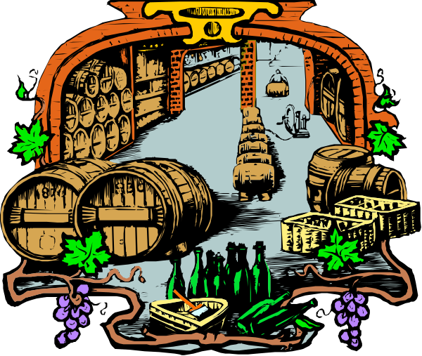 The illustration depicts a whimsical scene of an underground wine cellar with barrels stacked on wooden shelves in front of arched doorways leading to different sections; above is a sign that reads "Wine Cellars" and below it, there's text indicating the presence of grapes.