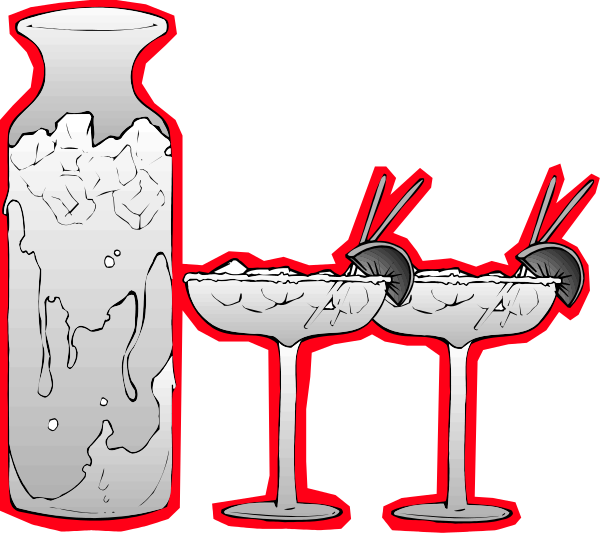 The illustration shows a cartoon depiction of three martini glasses with olives on top placed next to each other against an ice background; two vases filled with what appears to be liquid in front of them, and one large pitcher also containing this same substance behind them all.