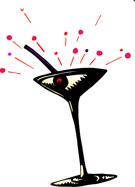The image shows a martini glass with an olive on top sitting against a black background; there is also what appears to be confetti around it in various shades of red and purple.