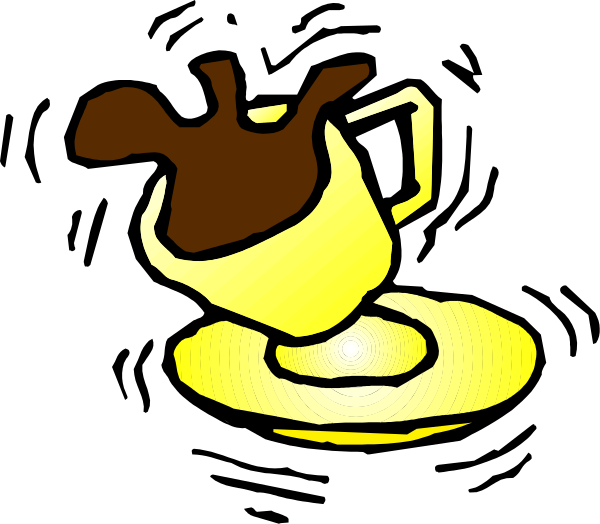 The image shows a cartoon of an animated cup with coffee spilling out onto its saucer on top of what appears to be a trophy pedestal against a black background.
