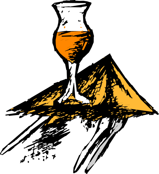 The black and white illustration shows a wine glass with liquid inside on top of what appears to be an umbrella handle in silhouette against a dark background; there is no text present within this image.